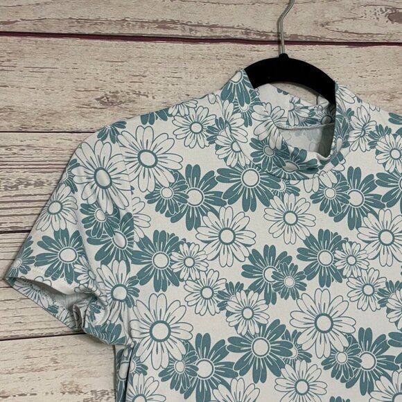 🍗 Unbranded White/Turquoise Flower Mock Neck Top Small - Picture 3 of 4